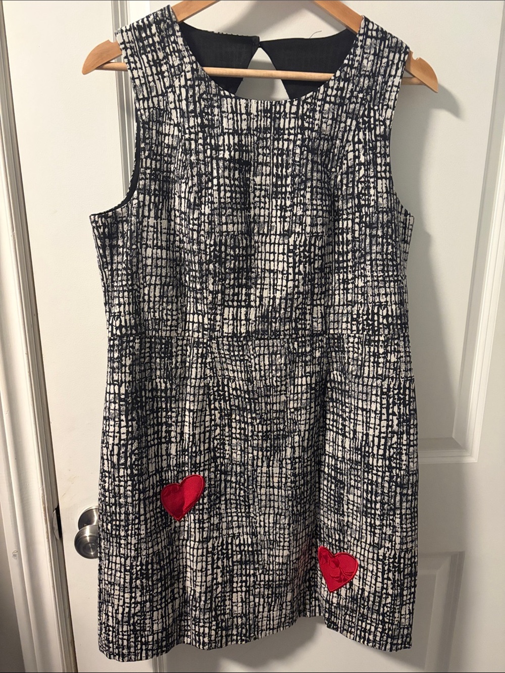 Desigual Black & White Textured Dress with Red Heart Accents